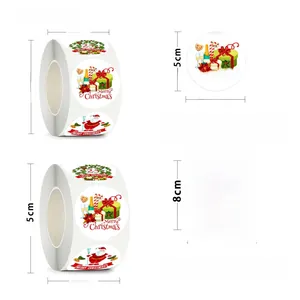 Detail view of Merry Christmas kraft stickers rolls with festive motifs and size specs