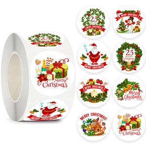Merry Christmas Stickers Roll Kraft Paper Round Sealing Labels For Gift Decoration Festive Party Stationery Stickers