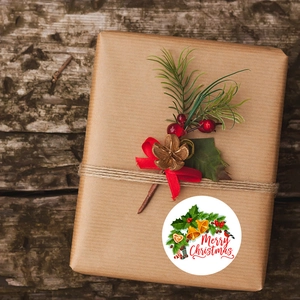 Merry Christmas round kraft stickers for gift wrapping on vintage wood background