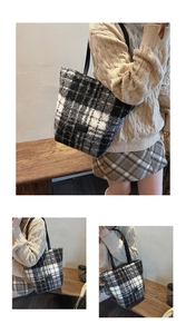 Three-way view of a plush black and white checkered tote bag with leather handles