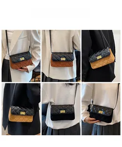 Detailed grid view of quilted suede crossbody bags in brown, khaki, and classic black colors