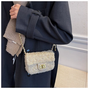 Detailed close-up of beige tweed texture and golden twist-lock on a chain crossbody bag