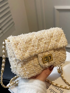 Elegant Women Woolen Tweed Plaid Crossbody Bag Vintage Luxurious Small Square Handbag With Gold Ball Adjustable Metal Chain Strap