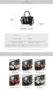 Detailed chart showing PU leather bucket bag dimensions, weight, and six color options