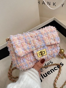 Pink plaid tweed crossbody bag with golden chain strap and metallic twist lock closure