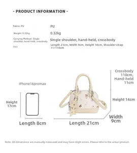 Size specifications for shell-shaped PU handbag with detailed dimensions and strap info