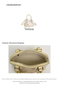 Detail view of yellow shell-shaped PU bag with cartoon bear print and inner zip pocket
