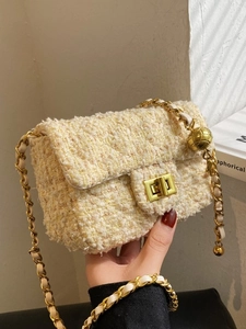 Yellow tweed crossbody bag for women with golden chain strap and adjustable ball charm