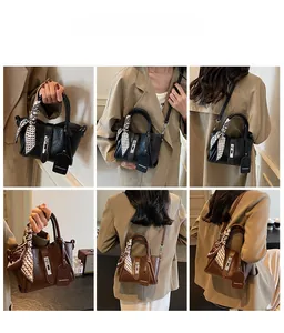 Detail shots of bucket bags in black and brown with houndstooth silk scarf on handles