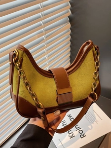 Retro avocado green suede and brown leather half-moon baguette bag with gold chain strap