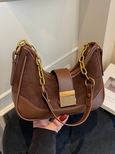Brown suede hobo bag with gold buckle and chain strap for women fashion 2025