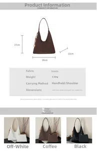 Size chart showing suede tote bag dimensions 36x27x12cm with weight and color options
