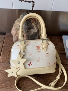 Women Cute Cartoon Bear Print PU Leather Shell Crossbody Bag Mini Handbag With Star Charm Adjustable Strap Casual Purse