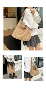 Multiple views of a large brown teddy fleece tote bag shown on a model in a cafe