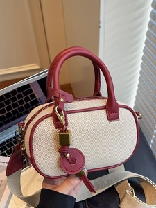 Dames Mini Boston Crossbody Tas Canvas Synthetisch Leer Patchwork Handtas Met Brede Schouderriem Gouden Slothanger Schoudertas