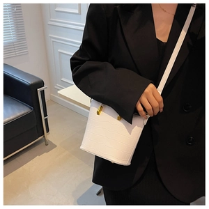 Detail of white crocodile embossed texture on a bucket bag with gold metal buckle