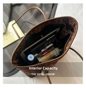 Internal capacity of leopard print tote bag with tablet and daily essentials