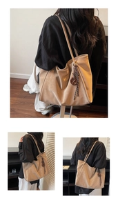 Macro detail of the beige tote bag handle and large capacity side view with round charm