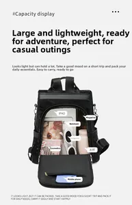 Detail view of large black travel backpack interior space for iPad, notebooks and cosmetics
