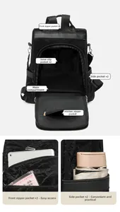 Detailed view showing multiple storage pockets and large capacity of this black backpack