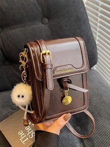 Women Retro Glossy PU Leather Crossbody Bag Fashion Vertical Small Square Phone Bag With Cute Plush Pendant Messenger Shoulder Bag