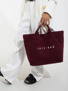 Large burgundy suede tote bag for women with white Tote Bag lettering for daily commute