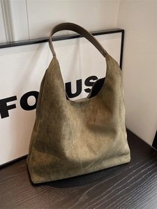 Olive green matte suede tote bag with dark brown leather straps and large capacity