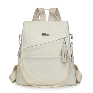 Chic off-white large capacity soft leather backpack with detachable shoulder strap for women