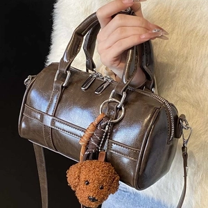 Vintage Women PU Leather Boston Bag Fashion Solid Color Cylinder Handbag With Cute Plush Dog Pendant Dual Zipper Shoulder Bag