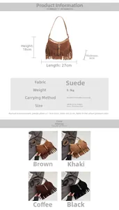 Tableau des tailles pour grand sac cabas en suédine avec franges et dimensions 27x18x6cm