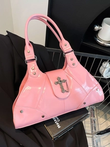 Women Y2K Patent Leather Underarm Bag Gothic Metal Cross Chain Single Shoulder Bag Punk Rivet Handbag Retro Streetwear Bag
