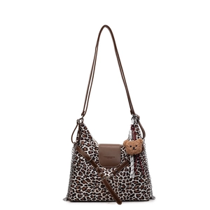 Trendy leopard print tote bag with brown faux leather trim and plush bear charm