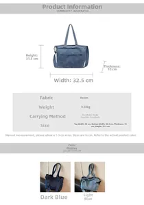 Detailed size specifications and color comparison for the large denim tote bag