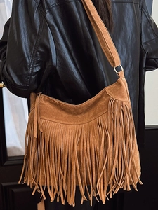 Sac Bandoulière Femme en Cuir PU Vintage à Franges Sac Hobo Bohème Couleur Unie Bandoulière Réglable Sacoche Mode