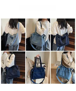 Detailed look at denim tote bag in light and dark blue worn in various daily scenes