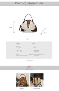 Detailed size guide and material specs for the beige and brown canvas crossbody handbag