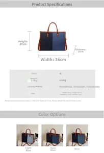 Detail view of denim tote bag showing contrast stitching and dimensions of 36x27x13cm