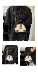 Detailed views of crossbody doctor bag with beige monogram fabric and brown leather trim