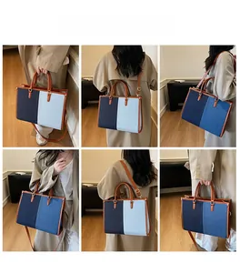 Collage of model wearing a contrast color tote bag with brown leather handles and strap