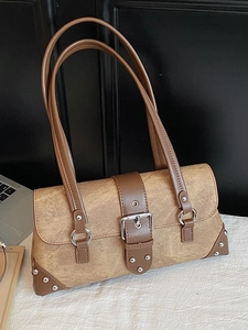 Retro PU Leather Underarm Bag For Women Fashion Handbag Belt Buckle Shoulder Bag Rivet Stitching Vintage Commuting Bag