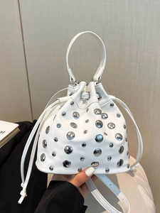 Women Fashion PU Leather Rivet Bucket Bag Elegant Drawstring Handbag With Chain Shoulder Crossbody Bag Trendy Satchel