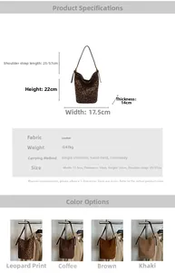 Detailed sizing chart and specifications for the leopard print suede bucket bag