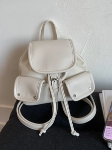 Vintage PU Leather Mini Backpack for Women Contrast Stitching Fashion Small Rucksack with Flap Drawstring for School Travel