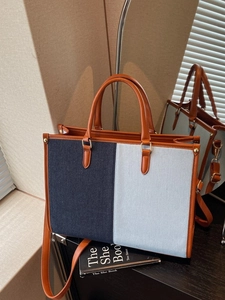Fashion Patchwork Denim Tote Bag For Women Large Capacity Contrast Color Shoulder Bag With Leather Handles Casual Handbag