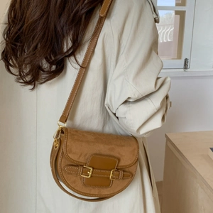 Women Retro PU Leather Saddle Bag Urban Minimalist Contrast Stitching Underarm Bag Fashion Patchwork Shoulder Crossbody Bag