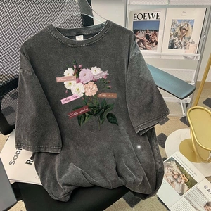 Women Vintage Washed Cotton T-Shirt Heavyweight Loose Fit Retro Floral Graphic Print Short Sleeve Crew Neck Top Streetwear