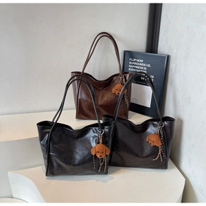 Chic large capacity tote bags in brown and black faux leather with cute puppy charms