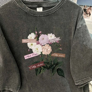 Washed acid black heavy cotton T-shirt with vintage floral print and retro street style