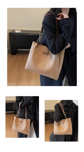 Detailed views of a brown woven leather tote bag with chain strap and logo plate