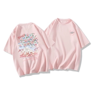 Front and back view of pink cotton T-shirt featuring floral prints and cursive text details